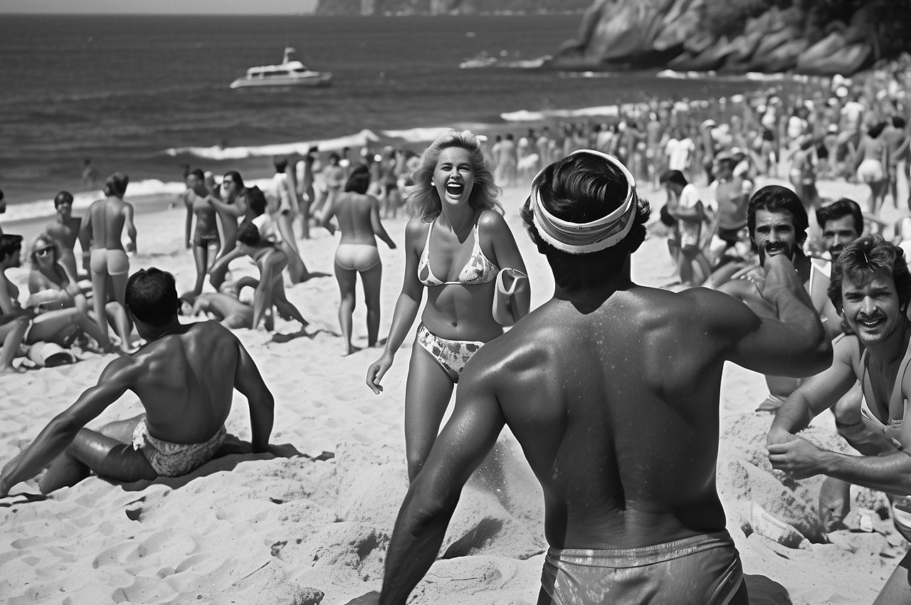 A vividly nostalgic photograph captures the vibrant scene of the bustling beach of LeBlon in Rio de Janeiro from the 1970s.